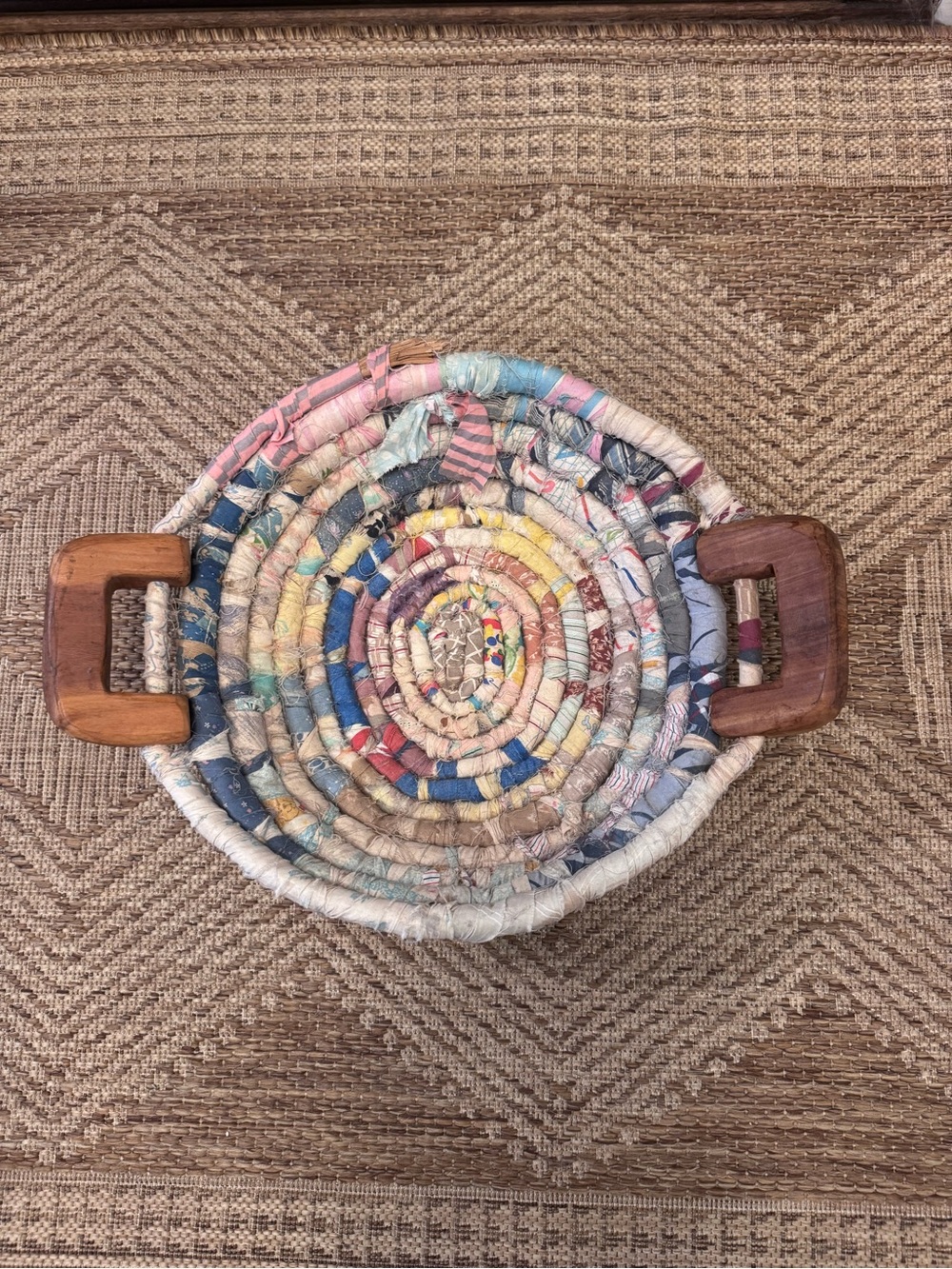 Vintage Handwoven Multicolor Rag Cloth woven basket with Wood Handles